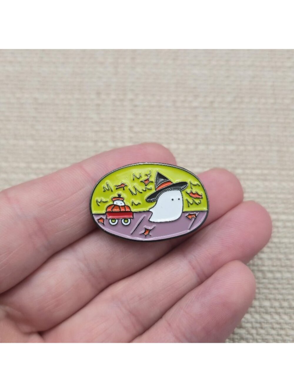 Halloween Cute Ghost with Witch Hat and Bumper Car Enamel Pin A8213